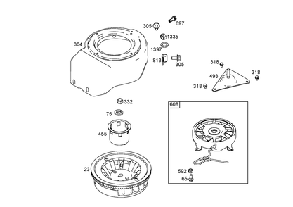 Flywheel, Blower Housing And Starter Assemblies Briggs And Stratton 084232-0121-E1 Diagram and Parts List for 33005 270000001 - 270999999 Lawn Boy Snow Blower